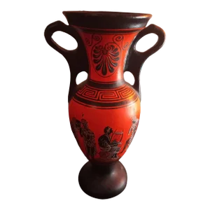 1970s Signed & Handpainted Black Ceramic Dual Handle Vase From Greece