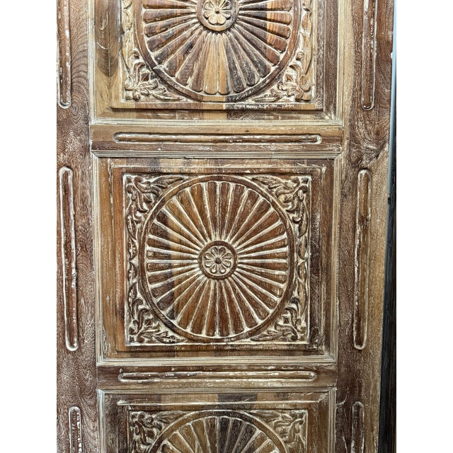 Mid-Century Modern Spanish Style Vintage Sunburst Carved Wooden Door Panel 80x34 For Sale - Image 3 of 12