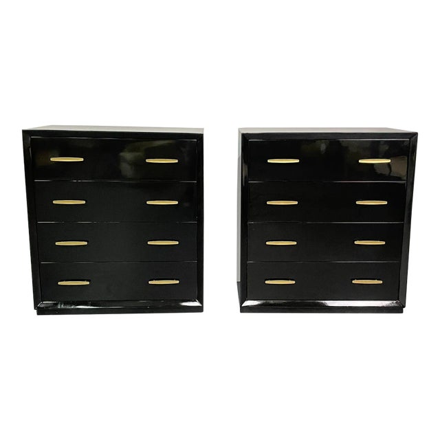 Pair of Mid Century Modern Ebony Lacquered Chests, Dressers, Brass, American For Sale