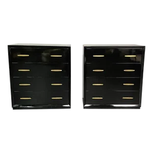 Pair of Mid Century Modern Ebony Lacquered Chests, Dressers, Brass, American