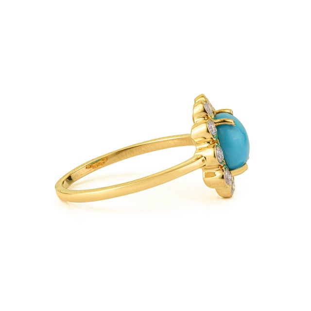 Metal 1.25ct Turquoise & Diamond Floral Vintage Cocktail Ring Size 6.5 in 14k Yellow Gold For Sale - Image 7 of 15