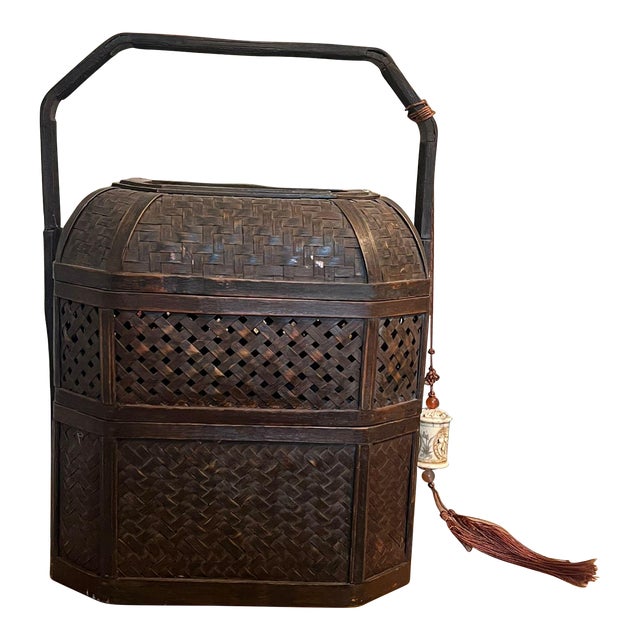 Antique Chinese Carved Wicker and Bamboo Lunch Box Basket. For Sale