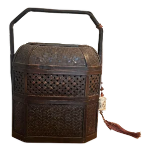 Antique Chinese Carved Wicker and Bamboo Lunch Box Basket.