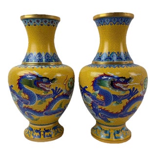 Pair Chinese Cloisonne Enamel Yellow Dragon Vases For Sale