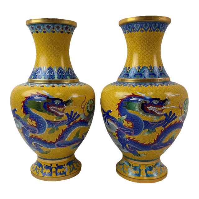 Pair Chinese Cloisonne Enamel Yellow Dragon Vases For Sale