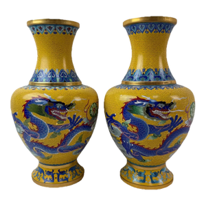 Pair Chinese Cloisonne Enamel Yellow Dragon Vases