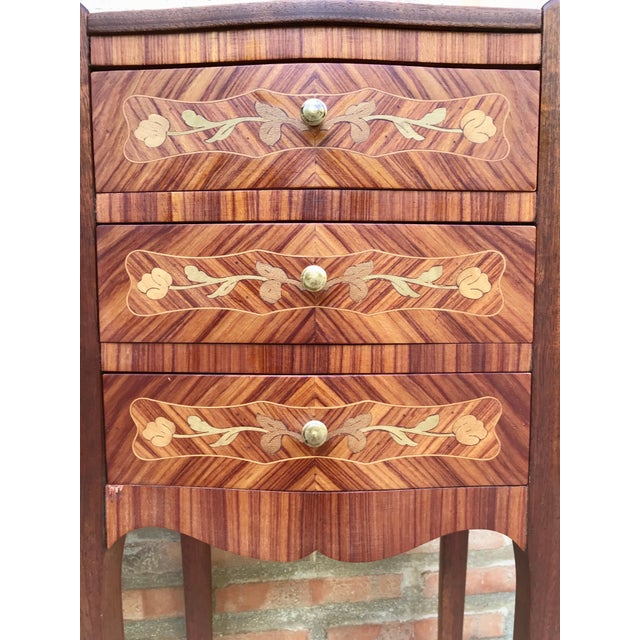 Pair of French Louis XV Style Marquetry Bedside Tables with Three Drawers, 1920s For Sale - Image 12 of 13