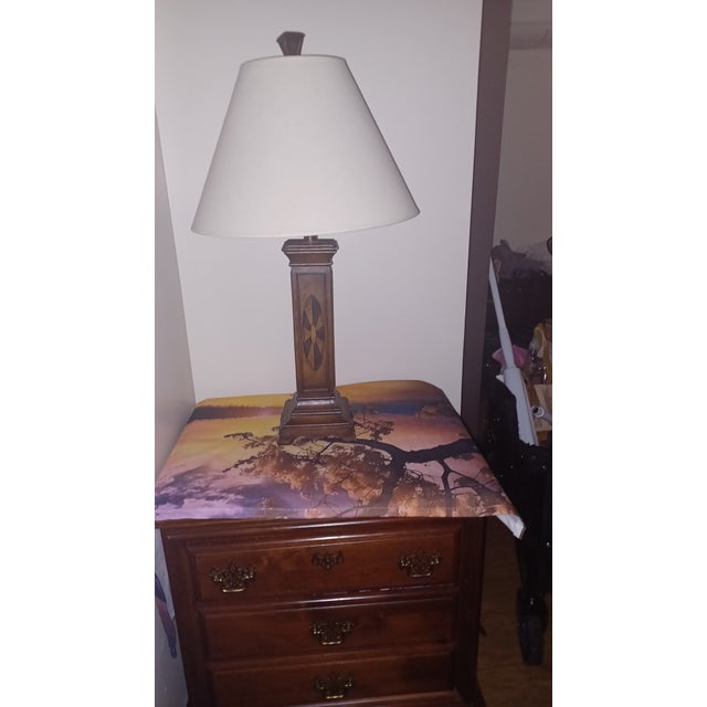 Beautiful heavy solid tiger oak pedestal lamp with a custom marquey inlay combining satinwood creating a geometric...