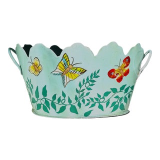 Vintage Toleware (Tole Ware) Butterfly Cachepot – Teal Hand‑Painted Metal Planter / Jardiniere For Sale