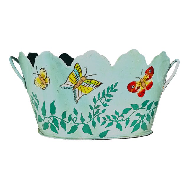 Vintage Toleware (Tole Ware) Butterfly Cachepot – Teal Hand‑Painted Metal Planter / Jardiniere For Sale