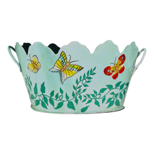 Vintage Toleware (Tole Ware) Butterfly Cachepot – Teal Hand‑Painted Metal Planter / Jardiniere
