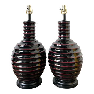 Vintage Glazed Ceramic Ribbed Table Lamps - A Pair For Sale