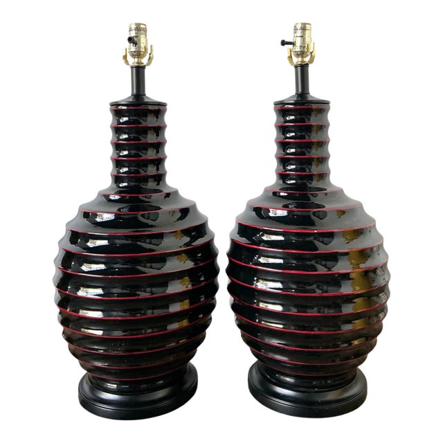 Vintage Glazed Ceramic Ribbed Table Lamps - A Pair For Sale