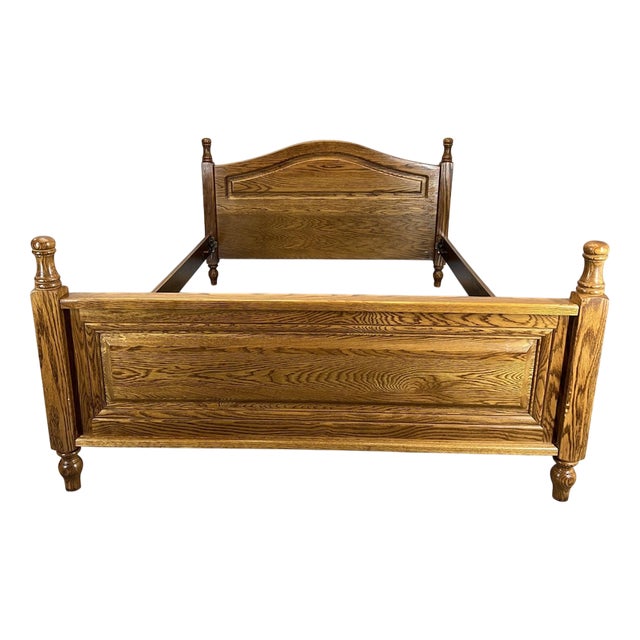 Vintage French Louis XVI Style Oak Double Bed Frame with Carved Headboard For Sale