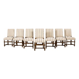 Late 19th Century French Louis XIII Dining Chairs in Blue Striped Jacquard, Set of 12 For Sale
