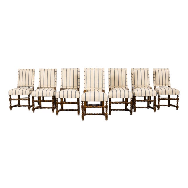Late 19th Century French Louis XIII Dining Chairs in Blue Striped Jacquard, Set of 12 For Sale