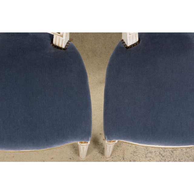 Antique French Louis XVI Style Painted Accent Chairs in Blue Mohair - A Pair For Sale - Image 4 of 18