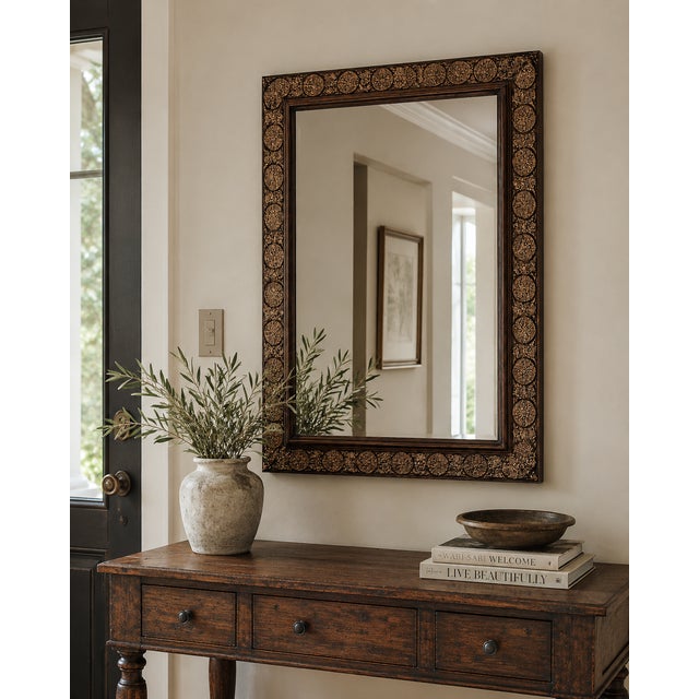 A richly detailed hand-finished beveled wall mirror by Timeless Reflections, featuring an antiqued dark bronze and gilt-...