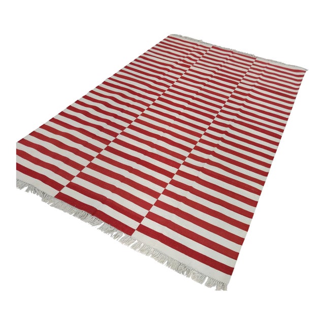 Handmade Cotton Striped Rug, Red and White - 12'x15' For Sale