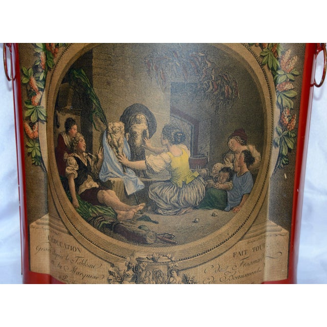 Red Midcentury Red Footed Tole Tin Waste Basket With Decoupage Print For Sale - Image 8 of 13