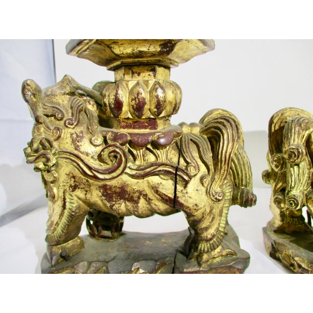 Chinese Gilt Foo Dogs Candle Stands 19th Century - A Pair of 2 For Sale - Image 10 of 12