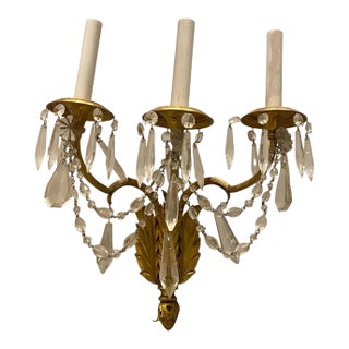 Vintage French Hollywood Regency Style 3-Light Crystal Wall Sconce For Sale