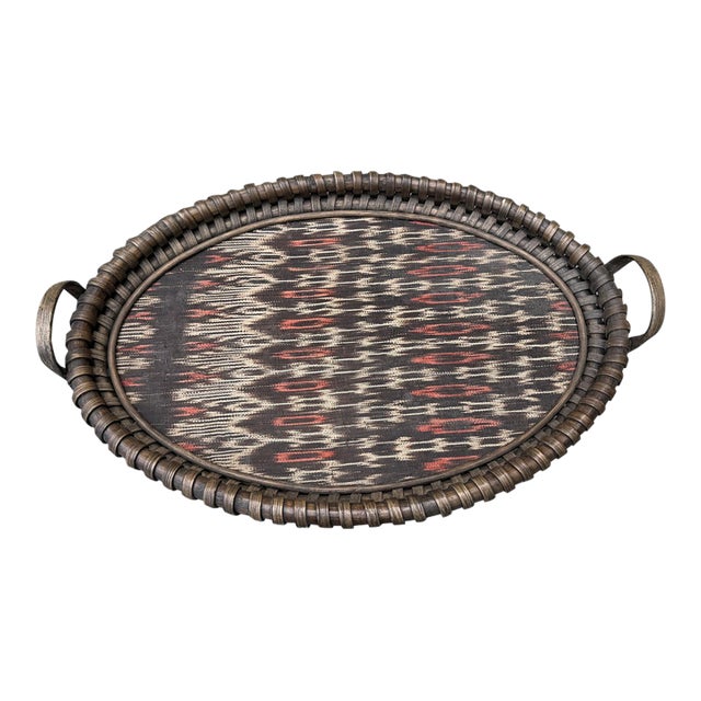 Palecek Large Oval Woven Rattan & Ikat Tray For Sale