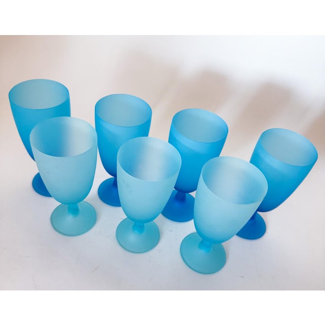 1960s Carlo Moretti Italy Satinato Frosted Blue Wine Water Glasses - Set of 7 For Sale - Image 11 of 12