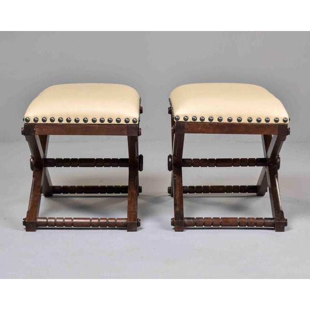Wood Early 20th Century French Stools or Benches With New Leather - Pair For Sale - Image 7 of 12