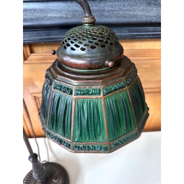 Rare Green Linenfold Double Student Table Lamp Tiffany Studio For Sale - Image 12 of 18