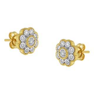 14K Yellow Gold Plated .925 Sterling Silver 1/6 Cttw Miracle-Plate Set Diamond Floral Stud Earrings (I-J Color, I2-I3 Clarity) For Sale