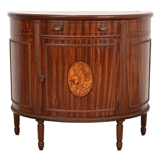 Imperial Furniture French Regency Louis XVI Mahogany and Inlaid Marquetry Demilune Cabinet, Newly Refinished For Sale