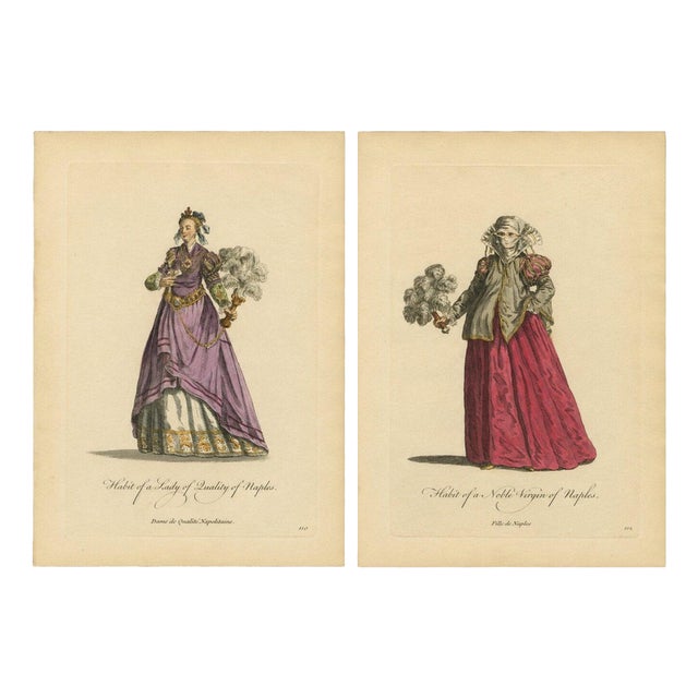 European School, Italian Noblewomen Costume from Naples, 1749, Paper Engraving For Sale