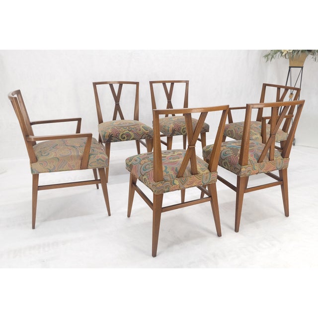 Set of 6 Tommy Parzinger Light Walnut Dining Chairs Lenor Larsen Upholstery MINT For Sale - Image 10 of 15