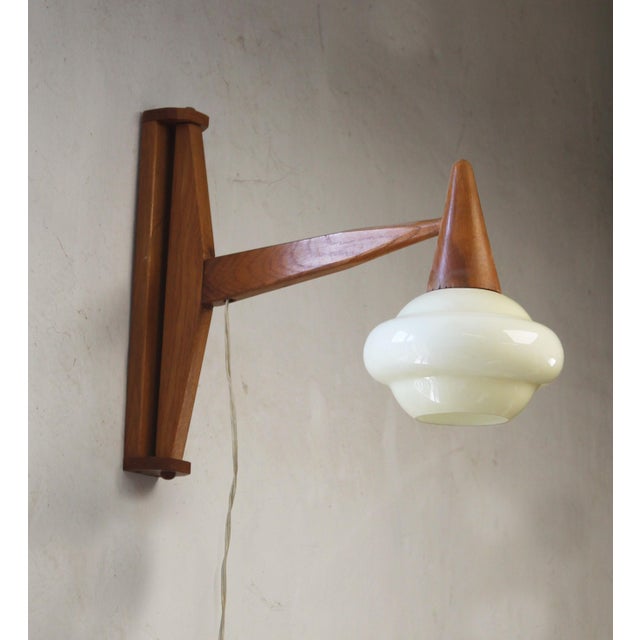 Wood Mid-Century Wooden and Opaline Glass Wall Light, Czechoslovakia, 1960s For Sale - Image 7 of 11