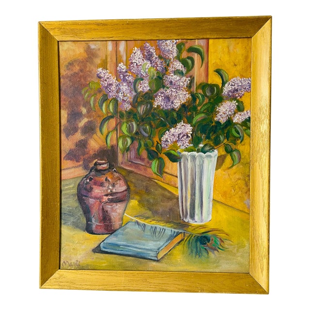 1980s Original oOil on Canvas Bouquet of Lilacs Painting For Sale