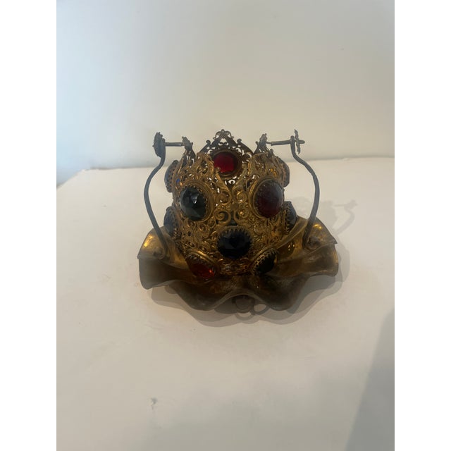 Antique Pierced Brass Jeweled Fairy Lamp Table Lamp on Ruffled Tray Catalog Reference U-348 For Sale - Image 4 of 11