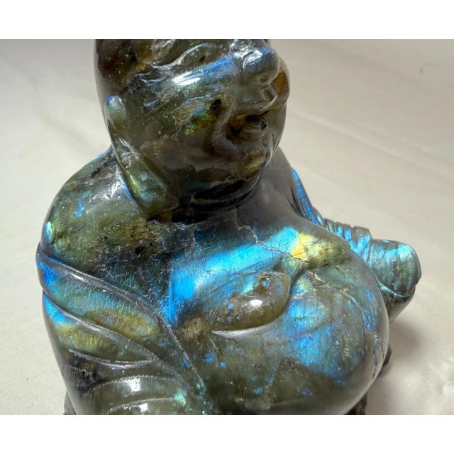 Vintage Hand Carved Natural Labradorite Crystal Stone Buddha Sculpture Statue For Sale - Image 9 of 15
