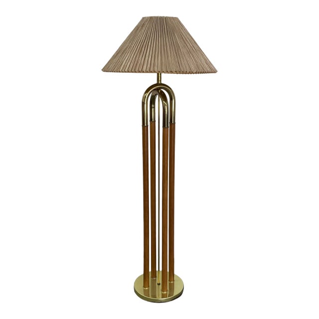American Modernist Designer Floor Lamp, Brass and Walnut For Sale