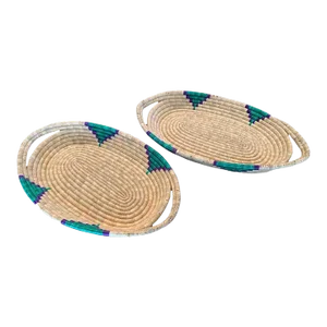 Kenyan Tribal Handwoven Raffia Serving Basket – Teal & Purple