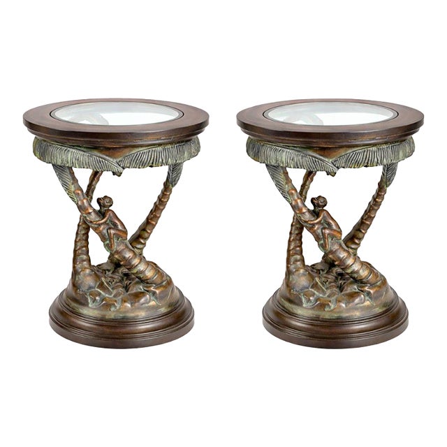 Vintage Round End Tables With Tropical Palm & Monkey Motif, a Pair For Sale