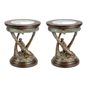 Vintage Round End Tables With Tropical Palm & Monkey Motif, a Pair