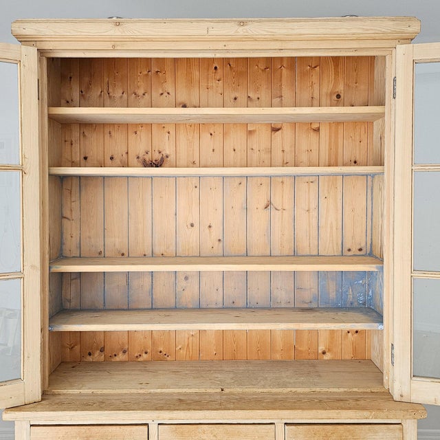 Farmhouse Antique English Pine Glass Door Hutch Bookcase Cabinet | Circa 1880 For Sale - Image 3 of 18