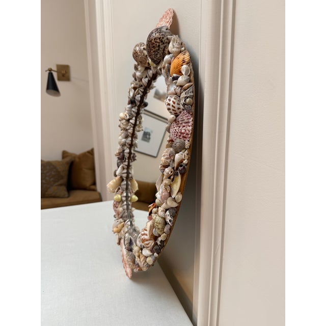 Tony Duquette Mid Century Palm Beach Regency Oval Shell Encrusted Wall Mirror in the Style of Tony Duquette For Sale - Image 4 of 12