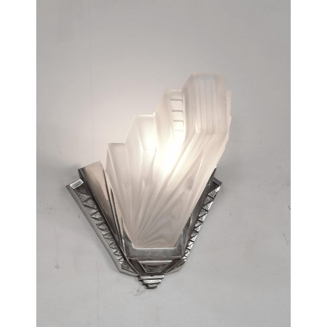 Metal Pair of Petitot & Muller Freres French Art Deco Stepped Geometric Wall Sconces 1930s . 2 Pair Available For Sale - Image 7 of 12