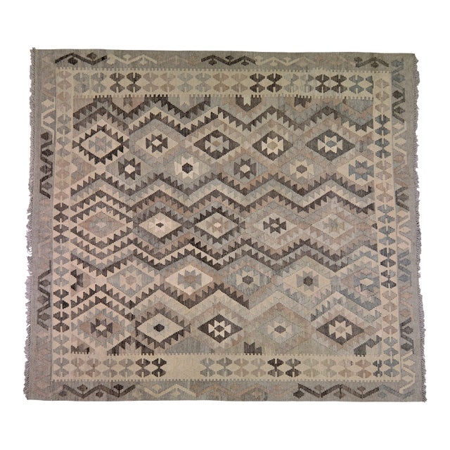 Afghan Navajo Style Flatweave Kilim Wool Rug, 7'1''x7'9'' For Sale