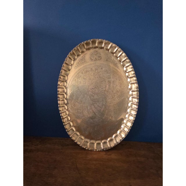 Brass Large Vintage Islamic Hand Engraved Brass Tray With Arabic Calligraphy For Sale - Image 8 of 18