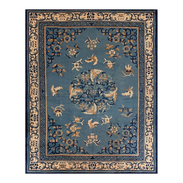 Majestic Blue and Ivory Color With Animalistic and Florid Design Antique Chinese Peking Rug For Sale