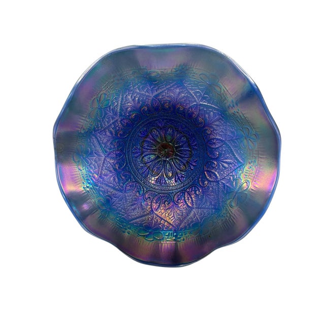 Royal Blue Northwood Hearts and Flowers Blue Carnival Glass Footed Compote For Sale - Image 8 of 10