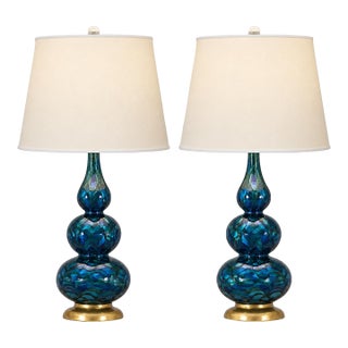 Vintage Blue Glazed Ceramic Table Lamps - A Pair For Sale